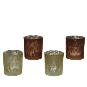 Szklany świecznik tealight 9 cm – motyw trawy pampasowej, skandynawski styl, brąz-beż