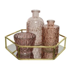 Aranżacja dekoracyjna w kolorach różu – 2 wazoniki i świecznik, róż, podstawa 22×19,5 cm