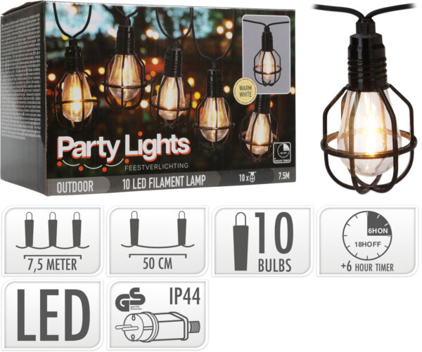 Girlanda LED metalowa 7,5 m – 10 lampionów filamentowych, ciepłe białe światło, Party Lights