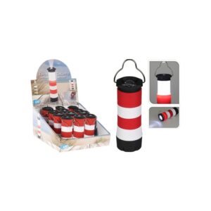 Latarka dekoracyjna w kształcie latarni morskiej 10–14 cm – biało-czerwona