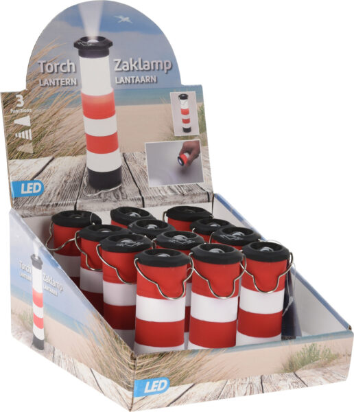 Latarka dekoracyjna w kształcie latarni morskiej 10–14 cm – biało-czerwona