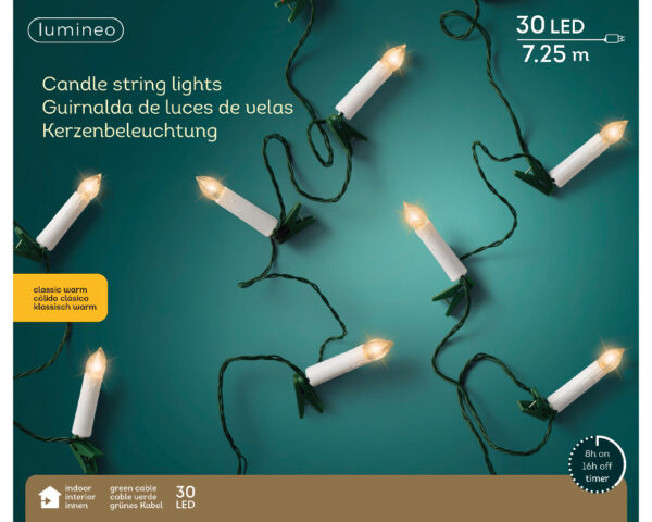 Lampki Choinkowe LED Świece – 30 diod, 7,25 m, Ciepłe Światło