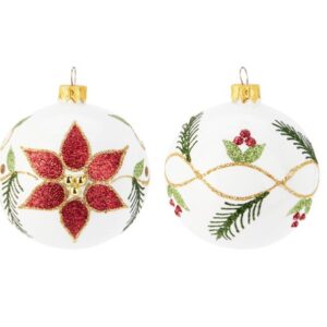 Szklana bombka choinkowa 80 mm z poinsecją – 2 wzory, brokatowe zdobienia