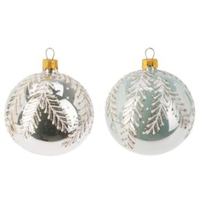 Szklana bombka świąteczna 80 mm – srebrna z brokatem, 2 wzory