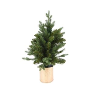 Mała sztuczna choinka w złotej doniczce – dekoracja świąteczna do domu