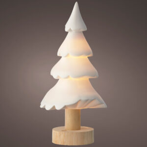 Porcelanowe drzewko LED z drewnianą nóżką – elegancka dekoracja świąteczna
