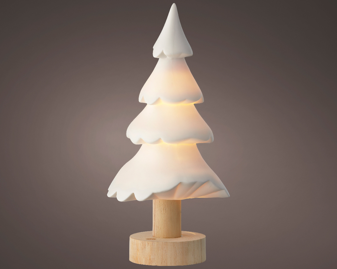 Porcelanowe drzewko LED z drewnianą nóżką – elegancka dekoracja świąteczna