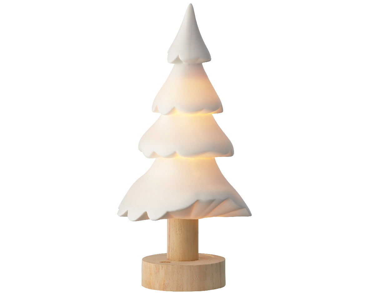 Porcelanowe drzewko LED z drewnianą nóżką – elegancka dekoracja świąteczna