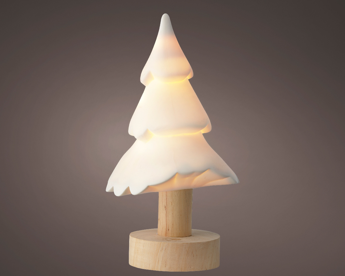Porcelanowe drzewko LED z drewnianą nóżką elegancka dekoracja wnętrza 22 cm