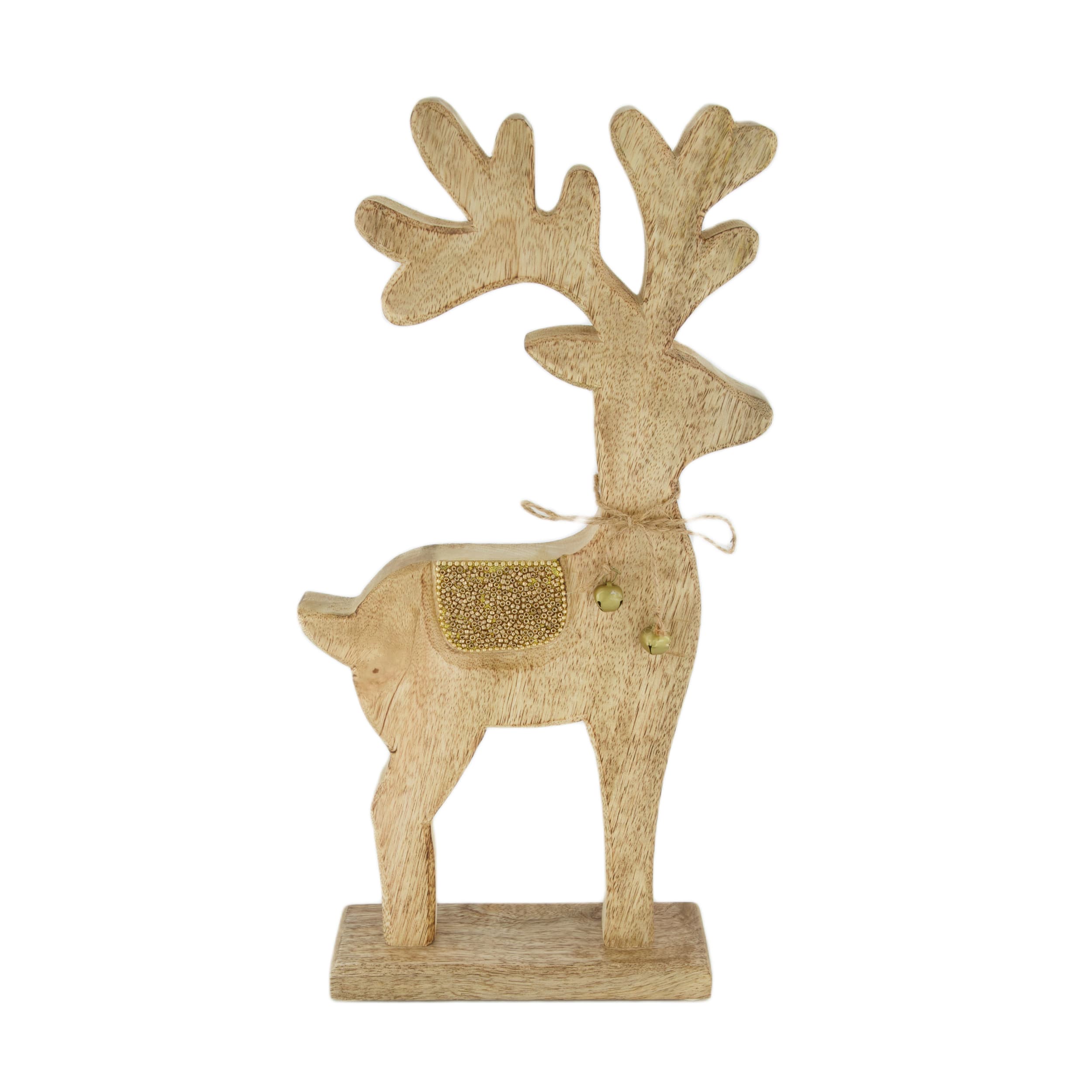 Drewniany renifer z dzwoneczkiem świąteczna dekoracja Boże Narodzenie 19x6x38 cm
