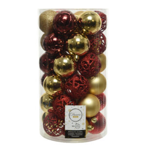 Zestaw 37 bombek choinkowych czerwono-złotych plastikowych mat/błysk/brokat