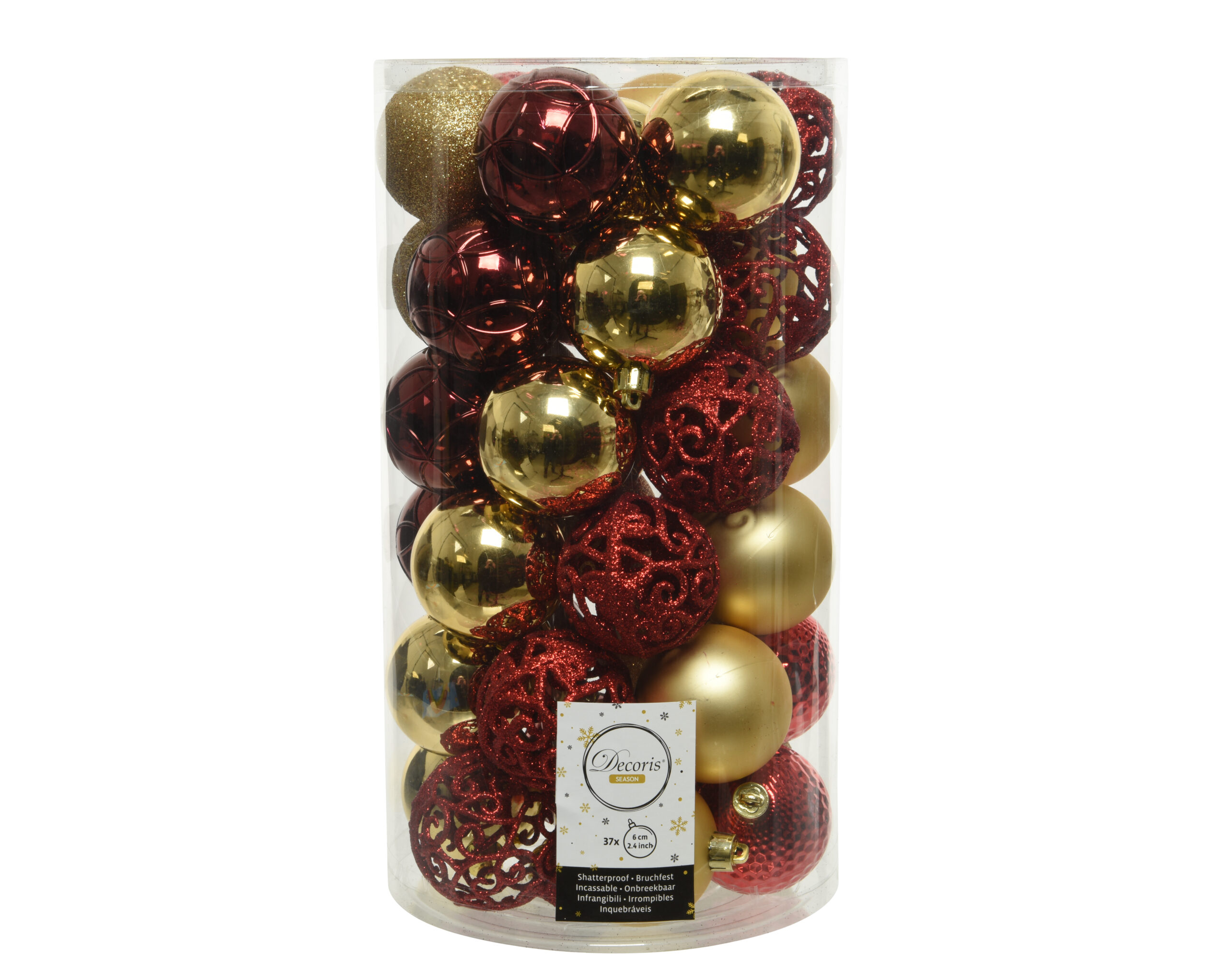 Zestaw 37 bombek choinkowych czerwono-złotych plastikowych mat/błysk/brokat