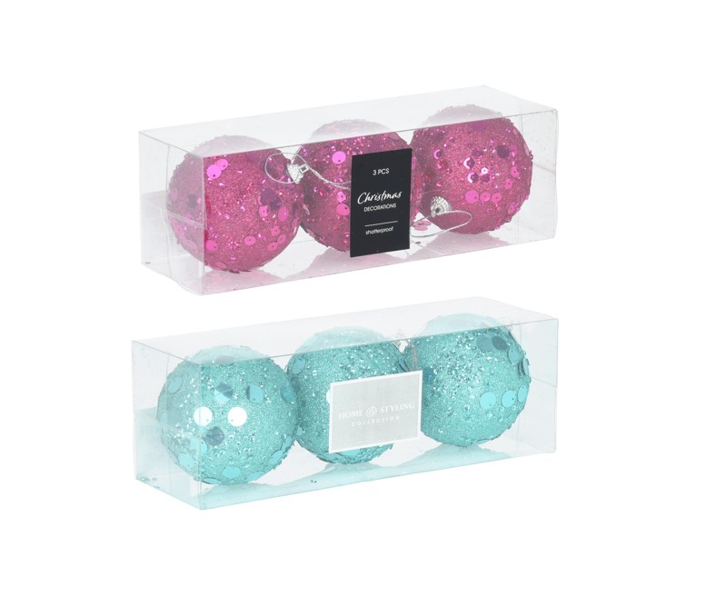 Zestaw 3 brokatowych bombek – różowe lub niebieskie świąteczne ozdoby 8 cm
