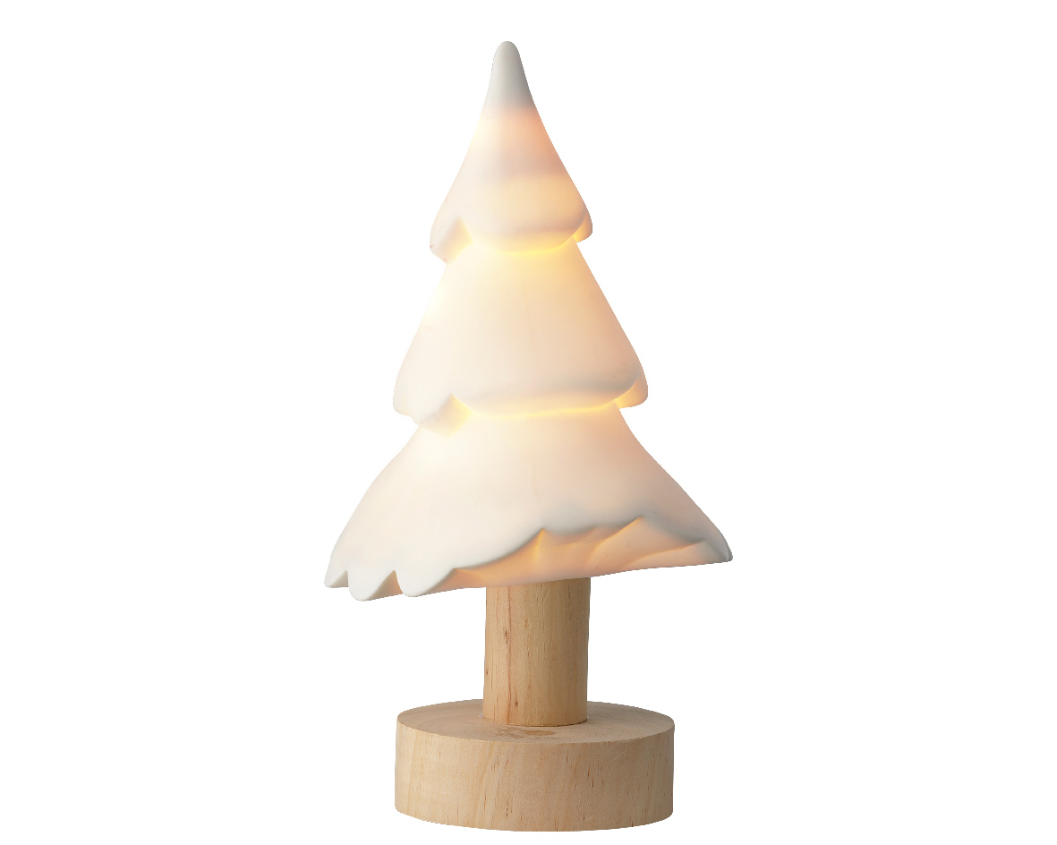 Porcelanowe drzewko LED z drewnianą nóżką elegancka dekoracja wnętrza 22 cm