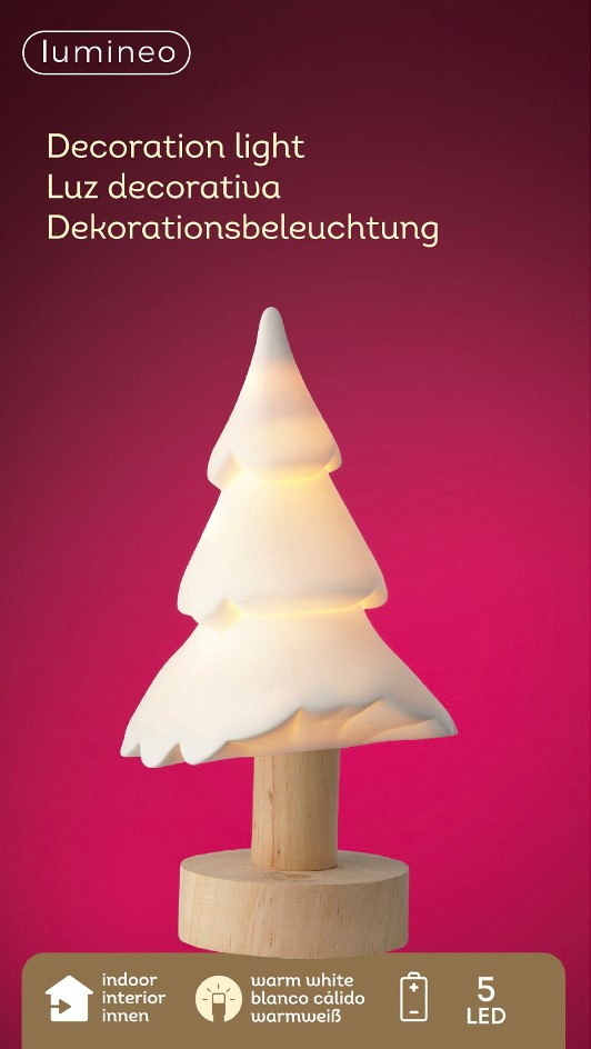 Porcelanowe drzewko LED z drewnianą nóżką elegancka dekoracja wnętrza 22 cm