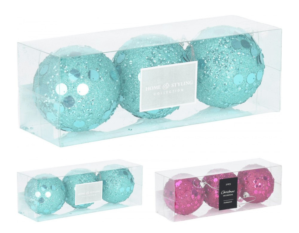 Zestaw 3 brokatowych bombek – różowe lub niebieskie świąteczne ozdoby 8 cm