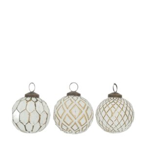 Szklana biała bombka z recyklingu ze złotymi akcentami – świąteczna 8 cm