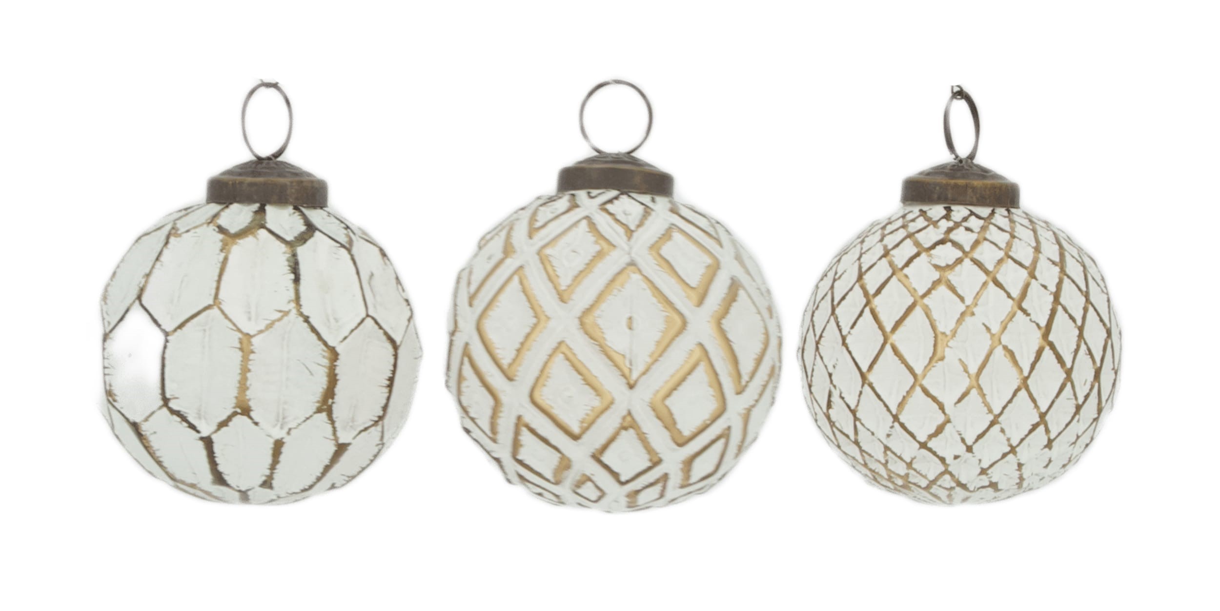 Szklana biała bombka z recyklingu ze złotymi akcentami – świąteczna 8 cm