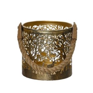 Złota ażurowa latarnia metalowa z jeleniem dekoracja LED świąteczna 12 cm