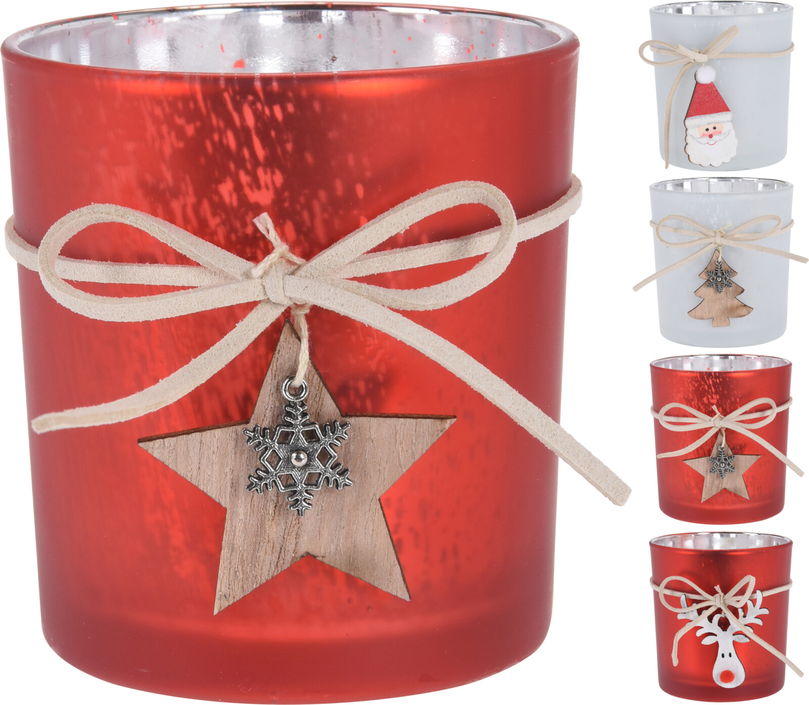 Szklany świecznik czerwony lub biały z drewnianą zawieszką dekoracja 8 cm