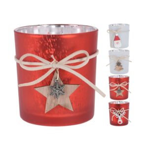 Szklany świecznik czerwony lub biały z drewnianą zawieszką dekoracja 8 cm