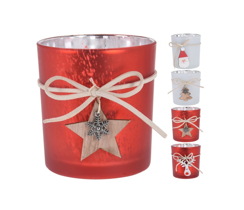 Szklany świecznik czerwony lub biały z drewnianą zawieszką dekoracja 8 cm