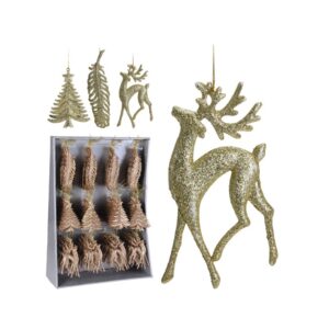 Elegancka złota zawieszka świąteczna – brokatowy renifer, choinka, liść