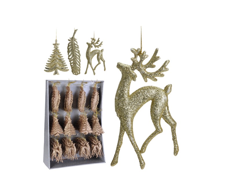 Elegancka złota zawieszka świąteczna – brokatowy renifer, choinka, liść