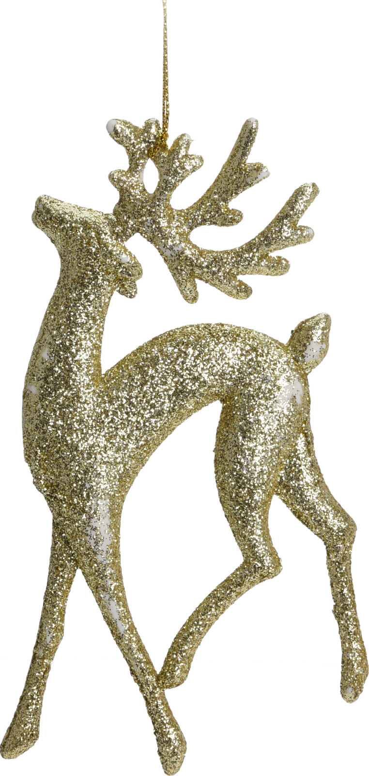 Elegancka złota zawieszka świąteczna – brokatowy renifer, choinka, liść