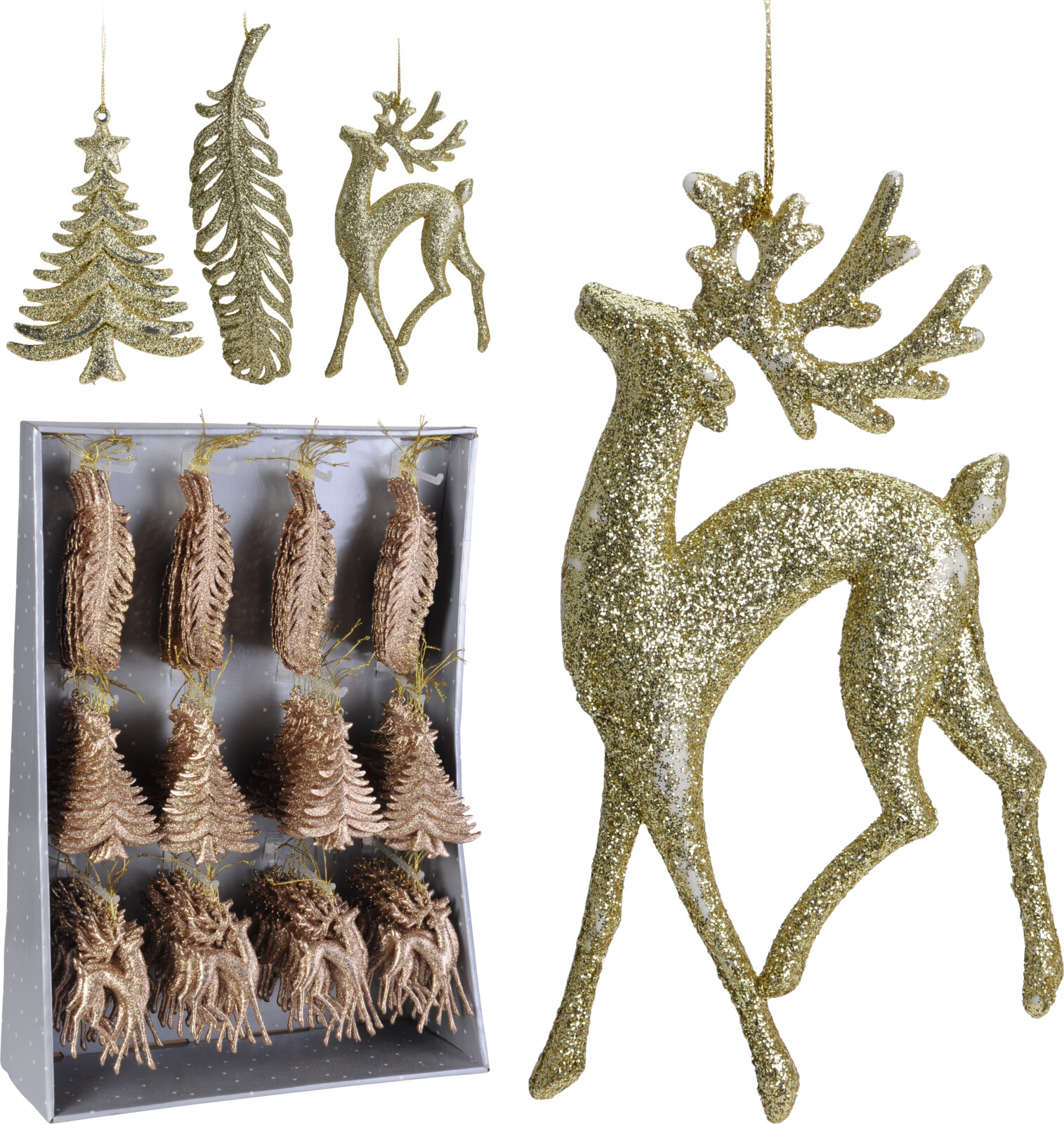 Elegancka złota zawieszka świąteczna – brokatowy renifer, choinka, liść