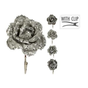 Srebrna róża brokatowa i cekinowa – stylowy akcent do choinki i stołu