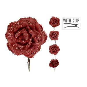 Czerwona róża z brokatem i cekinami – elegancka dekoracja świąteczna