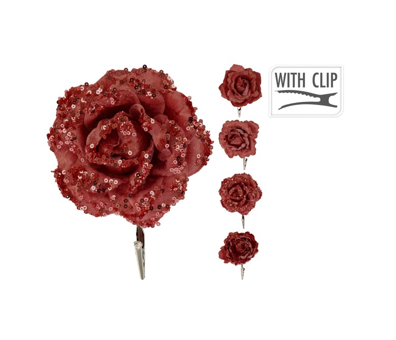 Czerwona róża z brokatem i cekinami – elegancka dekoracja świąteczna