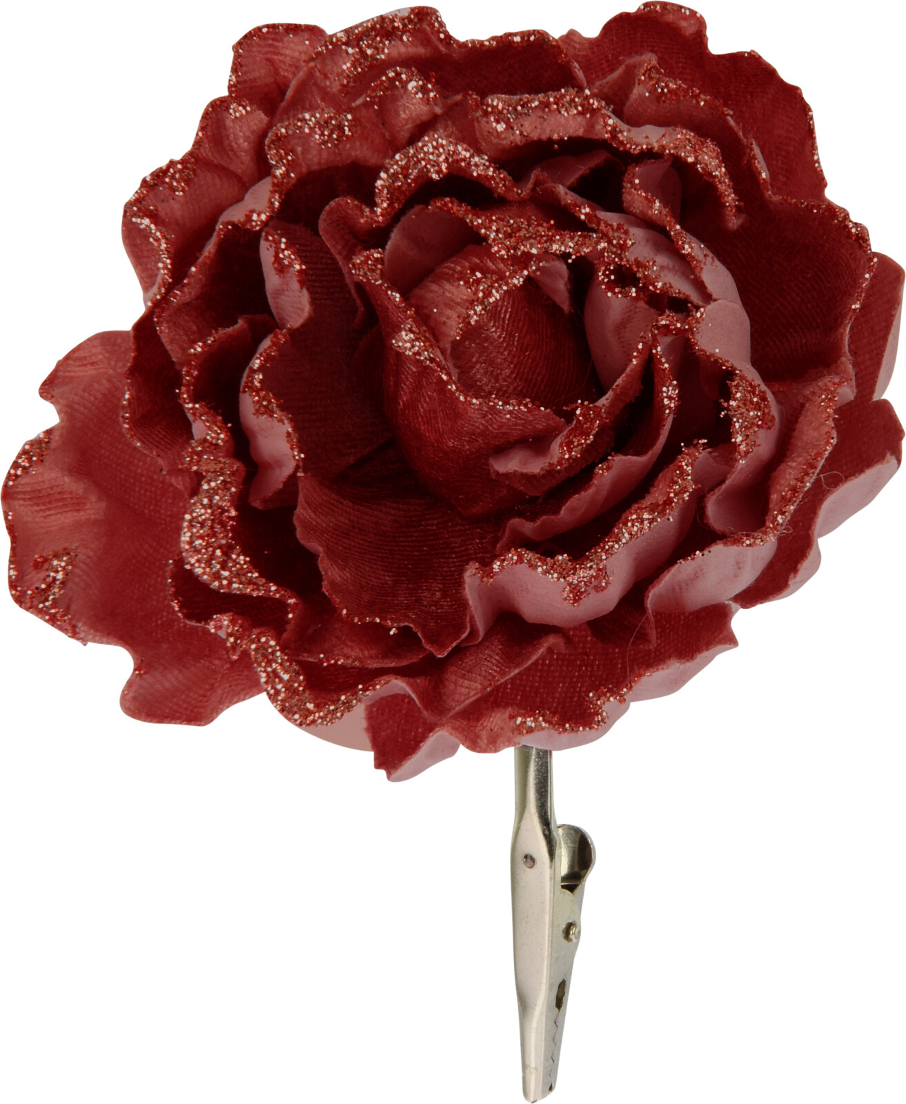 Czerwona róża z brokatem i cekinami – elegancka dekoracja świąteczna