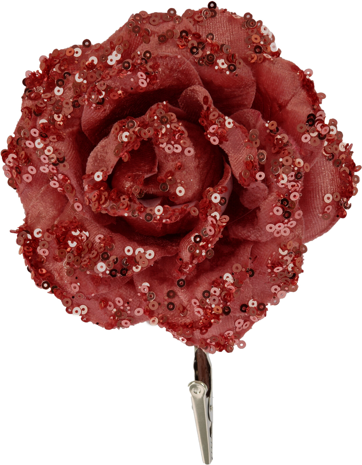 Czerwona róża z brokatem i cekinami – elegancka dekoracja świąteczna