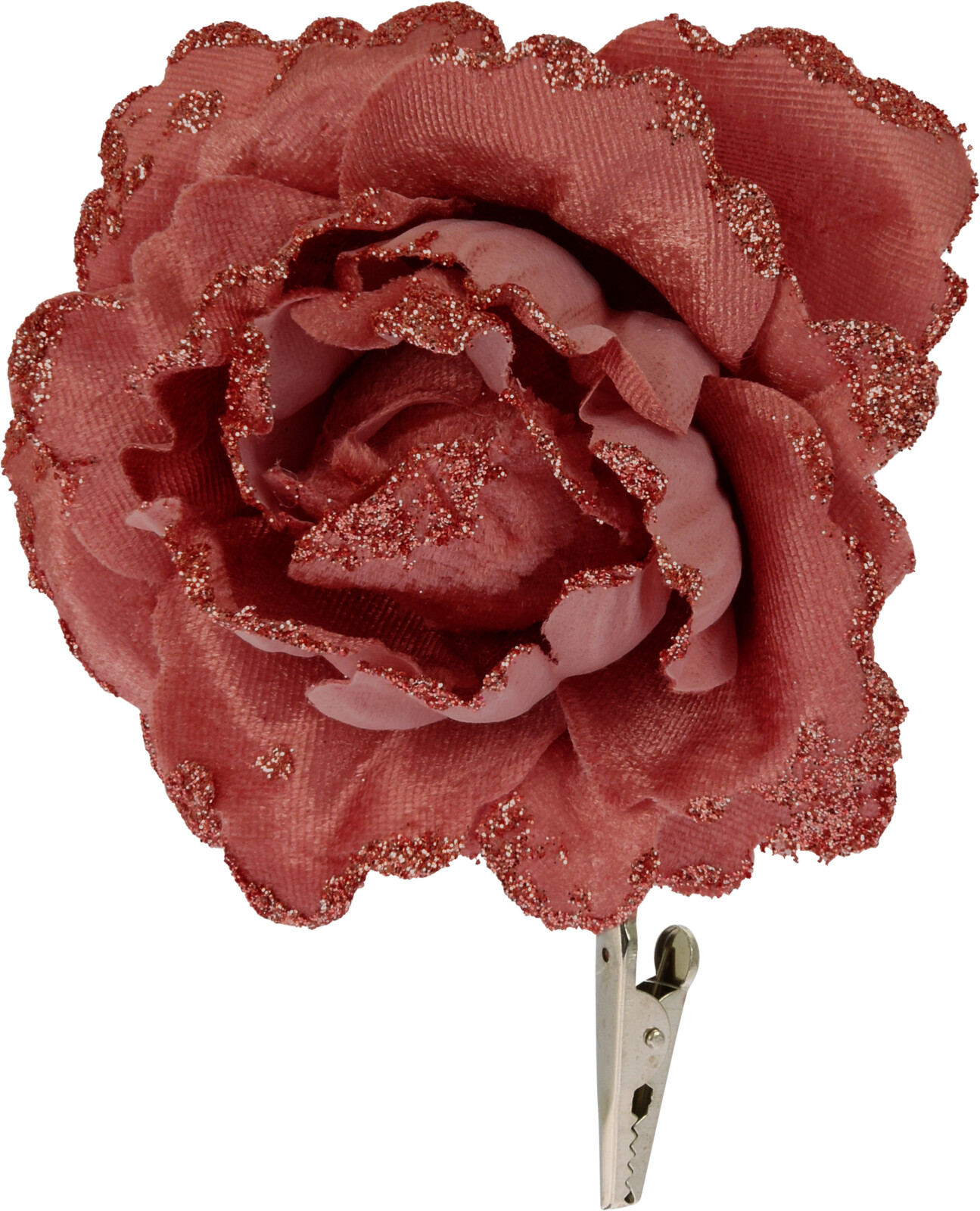 Czerwona róża z brokatem i cekinami – elegancka dekoracja świąteczna