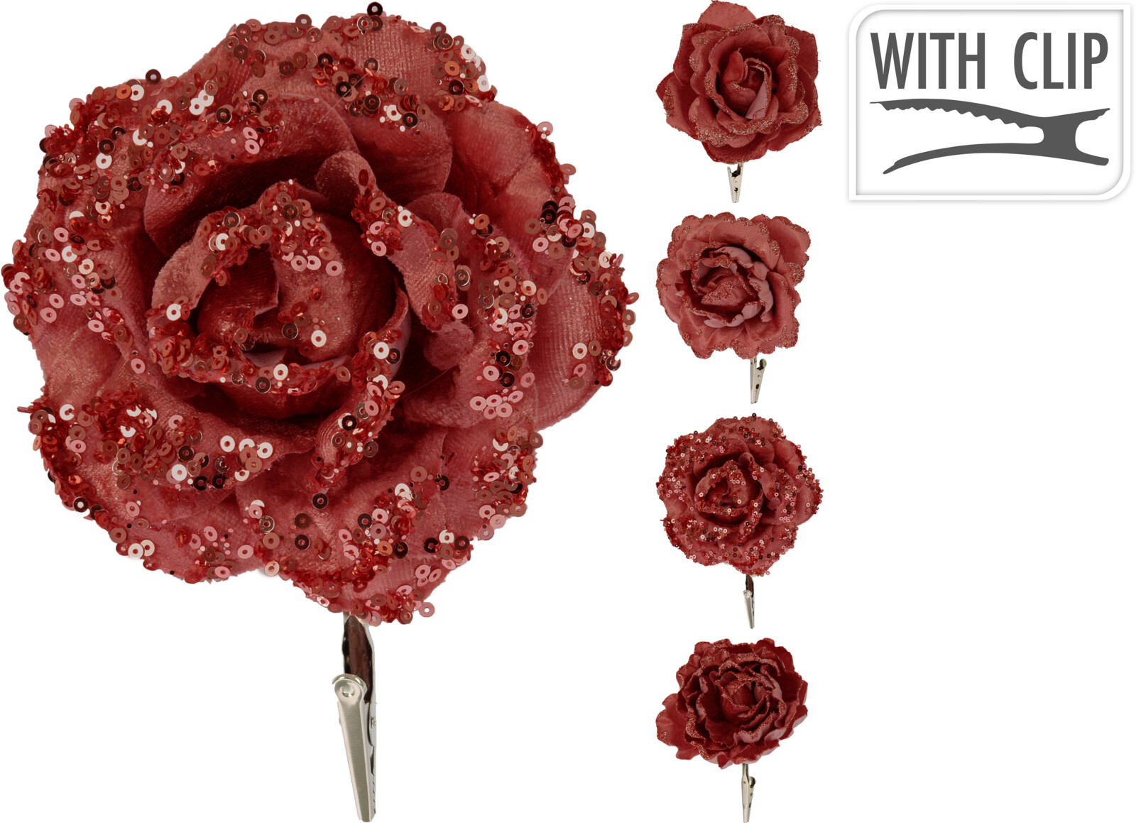 Czerwona róża z brokatem i cekinami – elegancka dekoracja świąteczna