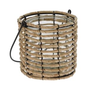 Świecznik pleciony z szklanym pojemnikiem i czarną rączką dekoracyjny boho 20×18 cm