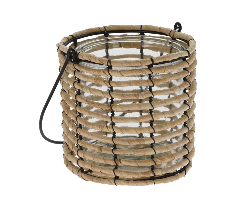 Świecznik pleciony z szklanym pojemnikiem i czarną rączką dekoracyjny boho 20x18 cm