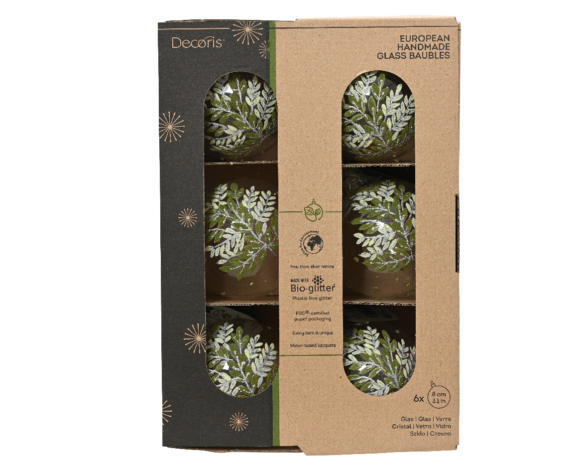 Szklana bombka z zielonymi listkami – elegancki akcent na choinkę 8 cm