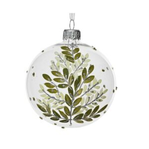 Szklana bombka z zielonymi listkami – elegancki akcent na choinkę 8 cm