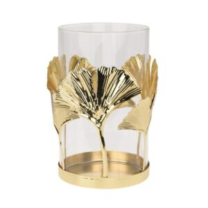 Szklany świecznik z złotym liściem miłorząb dekoracja do wnętrz 12×18 cm