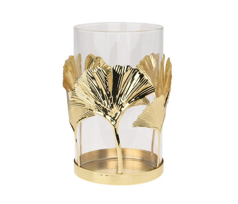 Szklany świecznik z złotym liściem miłorząb dekoracja do wnętrz 12x18 cm
