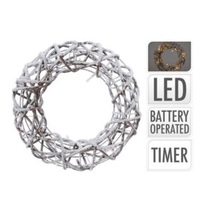 Wianek ratanowy 30 cm ośnieżony LED świąteczny dekoracja zimowa 15 diod