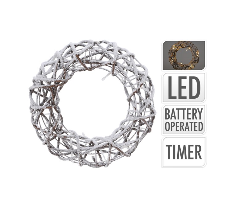 Wianek ratanowy 30 cm ośnieżony LED świąteczny dekoracja zimowa 15 diod