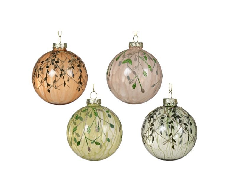 Brokatowa szklana bombka z listkami – stylowa ozdoba bożonarodzeniowa 8 cm