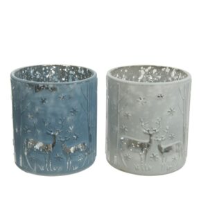 Szklany świecznik elegancka dekoracja zimowa biały lub błękitny 8 cm
