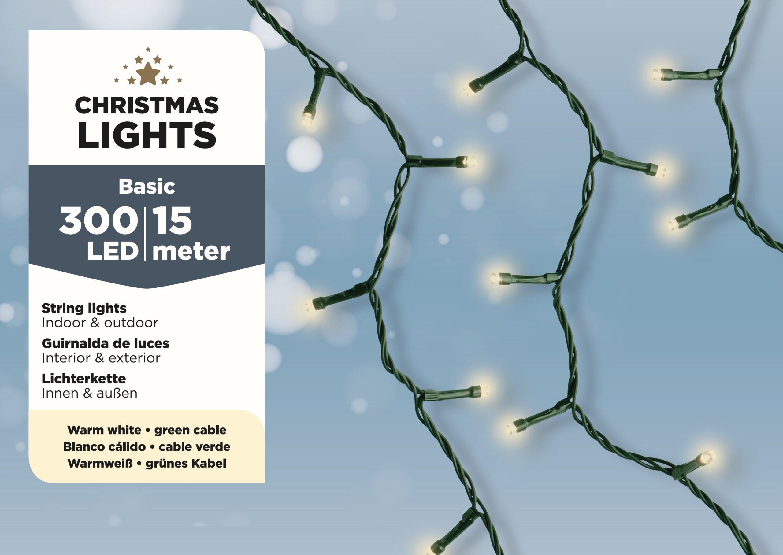 Lampki choinkowe ciepłe światło zielony kabelek 300 LED 15 m