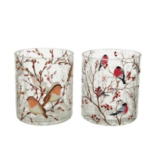 Szklany świecznik z zimowymi ptakami dekoracja świąteczna i zimowa 13 cm