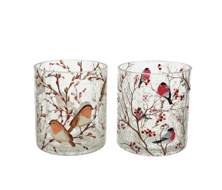 Szklany świecznik z zimowymi ptakami dekoracja świąteczna i zimowa 13 cm